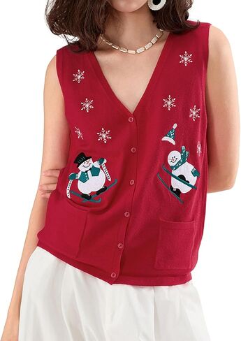 Women Christmas Knit Vest Button Down V Neck Sweater Vest Sequin Embroidered Sleeveless Cardigan Xmas Clothes in Saudi Arabia