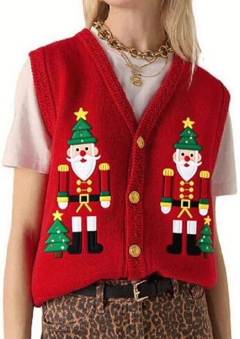 Women Christmas Knit Vest Button Down V Neck Sweater Vest Sequin Embroidered Sleeveless Cardigan Xmas Clothes in Saudi Arabia