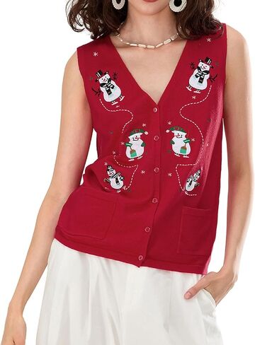 Women Christmas Knit Vest Button Down V Neck Sweater Vest Sequin Embroidered Sleeveless Cardigan Xmas Clothes in Saudi Arabia