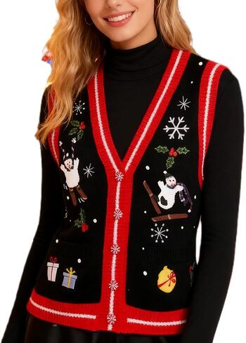 Women Christmas Knit Vest Button Down V Neck Sweater Vest Sequin Embroidered Sleeveless Cardigan Xmas Clothes in Saudi Arabia