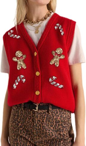 Women Christmas Knit Vest Button Down V Neck Sweater Vest Sequin Embroidered Sleeveless Cardigan Xmas Clothes in Saudi Arabia