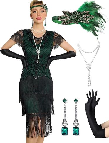 Flapper Dresses 1920s Dresses for Women,Crew Neck Great Gatsby Dresses with Sleeve Roaring 20s Dress for Harlem Nights in Saudi Arabia