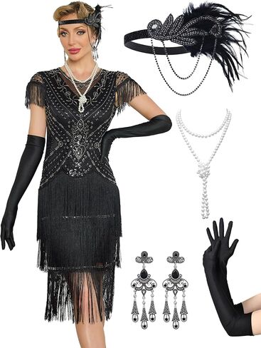Flapper Dresses 1920s Dresses for Women,Crew Neck Great Gatsby Dresses with Sleeve Roaring 20s Dress for Harlem Nights in Saudi Arabia