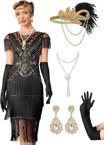 Flapper Dresses 1920s Dresses for Women,Crew Neck Great Gatsby Dresses with Sleeve Roaring 20s Dress for Harlem Nights in Saudi Arabia