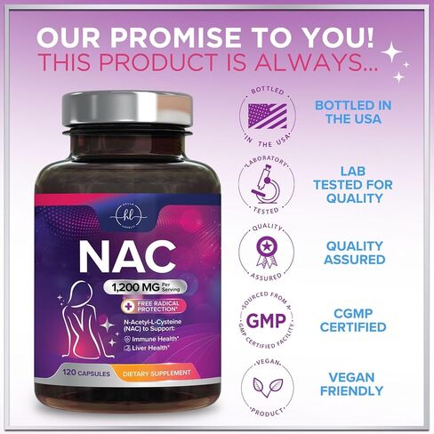 مكمل NAC 1200 ملغ - دعم المناعة الأمثل مع مضادات الأكسدة القوية - دعم صحة الجهاز التنفسي والكبد - معبأ في زجاجات في الولايات المتحدة الأمريكية، نباتي، خالي من الكائنات المعدلة وراثيًا وخالي من الغلوتين N-Acetyl-L-Cysteine ​​- 120 كبسولة in Kuwait