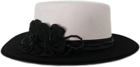 Women's Black/White Dome and Flat Brim Wool Felt Fedora Hat with Flower Beaded Formal Church Cocktail Hats in Saudi Arabia