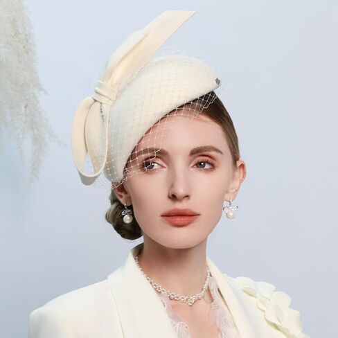 Women Ladies Wool Felt Derby Fascinator Hats Wedding Bridal Tea Party Formal Femme Pillbox Hat with Veils Bow in Saudi Arabia