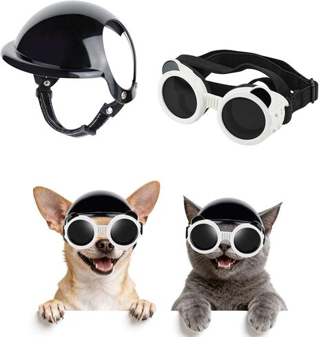 Dog Helmet and Dog Goggles for Small Dogs - Dog Goggles Pet Motorcycle Helmet Hat with Ear Holes Adjustable Straps Safety Helmet for Puppy Riding - Black in Kuwait