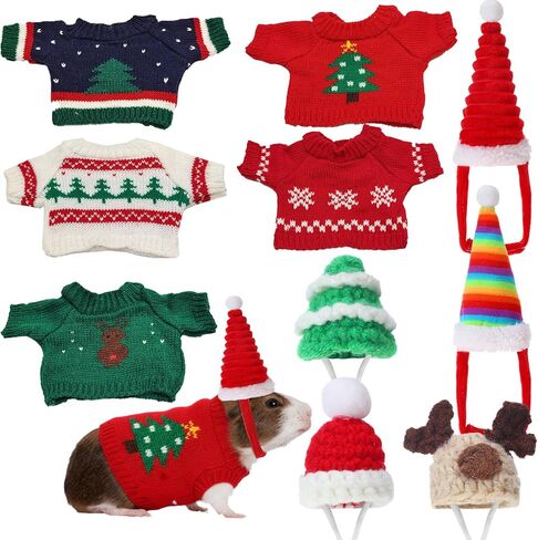 10 Pcs Guinea Pig Clothes Set, 5 Guinea Pig Costume Outfit, 5 Cute Mini Hat with Adjustable Strap Small Animal Warm Vest Sweater Cozy Hand Knitted Hat for Hamster Bunny(Cute Style) in Kuwait