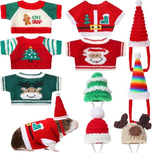 10 Pcs Guinea Pig Clothes Set, 5 Guinea Pig Costume Outfit, 5 Cute Mini Hat with Adjustable Strap Small Animal Warm Vest Sweater Cozy Hand Knitted Hat for Hamster Bunny(Cute Style) in Kuwait