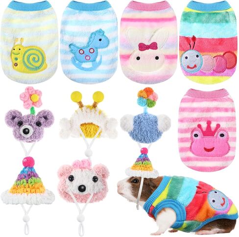 10 Pcs Guinea Pig Clothes Set, 5 Guinea Pig Costume Outfit, 5 Cute Mini Hat with Adjustable Strap Small Animal Warm Vest Sweater Cozy Hand Knitted Hat for Hamster Bunny(Cute Style) in Kuwait