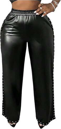 WDIRARA Women's Studded PU Leather Wide Leg Pants High Waisted Baggy Pants Party Clubwear in Saudi Arabia