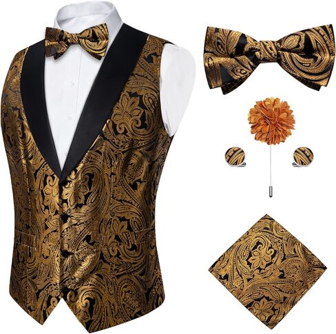 DiBanGu Mens Vest and Bowtie Set Silk Paisley Waistcoat and Bowtie Pocket Square Cufflinks with Lapel Pin for Wedding Party in Kuwait