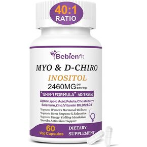 13 في 1 ميو إينوزيتول ودي تشيرو إينوزيتول للنساء من متلازمة تكيس المبايض، توازن هرموني، نسبة 2460 ملجم - 40: 1، مكمل دعم صحة ودورة المبيض بالإضافة إلى حمض ألفا ليبويك / حمض الفوليك / فيتكس / مغنيسيوم / فيتامينات متعددة، 120 غطاء نباتي in Kuwait