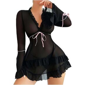 مجموعة ملابس داخلية مثيرة للنساء برباط عنق عميق على شكل حرف V وربطة أمامية شبكية مكشكشة وأكمام طويلة مع فستان واسع للسيدات in Kuwait