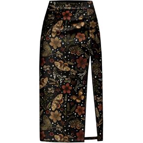 Women's Vintage Floral Graphic Midi Skirts High Waisted Bodycon Skirt with Slit in Kuwait