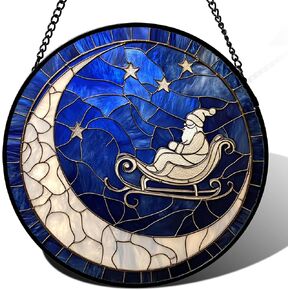 نافذة من الزجاج الملون - أزرق أبيض ونجوم القمر Suncatcher لباب المنزل ديكور عيد الميلاد حلم الشمس الماسك عيد الشكر هدايا عيد ميلاد السنة الجديدة للنساء الرجال أمي نانا 9.8 في in Kuwait