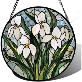 Stained Glass Window Hanging - White Green Snowdrops Flowers Suncatcher for Doors Garden Patio Sun Catchers Decor Christmas Mother's Day Birthday Gifts for Women Men Mom Nana Friend 9.8 in in Saudi Arabia