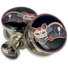 Mystic Metals Body Jewelry Pair of Screw on Day of the Dead Cat Style 4 Picture Plugs in Saudi Arabia