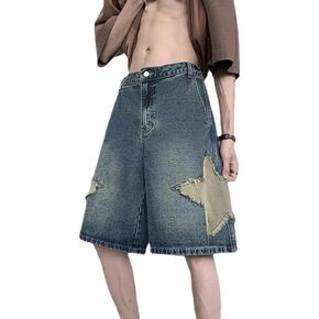 شورت دينم رجالي مرقع على شكل نجمة Y2K جينز واسع الساق شورت فضفاض عتيق سراويل بانك قوطي عالية الخصر شورت ايمو ملابس الشارع in Kuwait