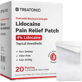Treatonic Lidocaine Pain Relief Patch: Maximum Strength 4% Lidocaine Numbing Patches (20 Count) for Arm, Back, Neck, Leg, & Shoulder - Topical Analgesic for Joint Ache Muscle Soreness - 5.51x3.93 in in Kuwait