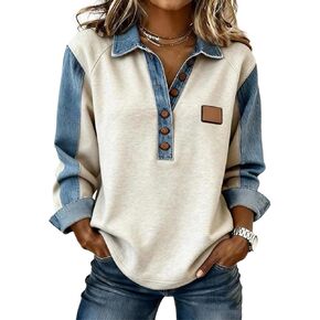 Women's Cool Patchwork Shirt Sweatshirts Collar Buttons Front Top Denim Shirt Women Bussiness Denim Shirts Denim Tops in Saudi Arabia