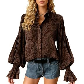 Womens Velvet Blouse Top Vintage Floral Puff Sleeve Fall Winter Loose Trendy Dressy Casual Elegant Shirts in Saudi Arabia