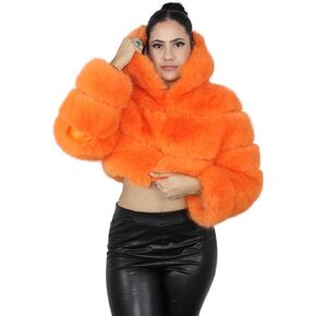 DLNYC - بوليرو بغطاء للرأس بطبقات من فرو الثعلب الصناعي، سترة قصيرة من الفرو الصناعي، سترة عصرية شتوية فاخرة in Kuwait