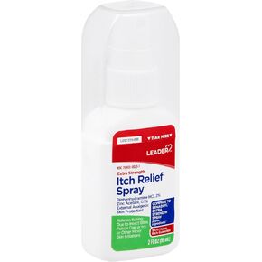Leader Itch Relief Spray, Fast-Acting Anti-Itch Cooling with Diphenhydramine HCl & Zinc Acetate, Soothes Bug Bites, Poison Ivy, Sunburn, Minor Rashes, Skin Protectant, Topical Analgesic, 2 Fl Oz in Kuwait