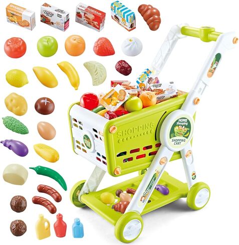 Shopping Cart for Kids, 31PCS Supermarket Shopping Trolley Cart Toy with Toy Food Shop Accessories, Pretend Play Shopping Basket Grocery Store Games for Toddlers Boys Girls Ages 3+ (Red) in Kuwait