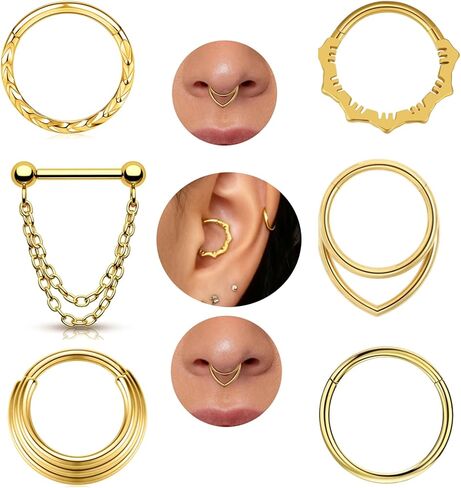 TIANCI FBYJS 16G Septum Rings - 316L Surgical Steel Hinged Nose Rings Hoops Seamless Septum Jewelry CZ Nose Piercings Chain Helix Tragus Rook Daith Piercing Men silver Gold Plated 8mm in Saudi Arabia