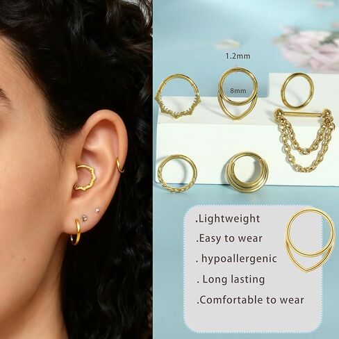 TIANCI FBYJS 16G Septum Rings - 316L Surgical Steel Hinged Nose Rings Hoops Seamless Septum Jewelry CZ Nose Piercings Chain Helix Tragus Rook Daith Piercing Men silver Gold Plated 8mm in Saudi Arabia