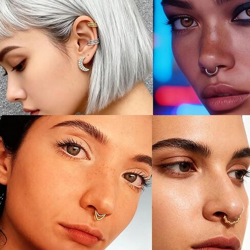 TIANCI FBYJS 16G Septum Rings - 316L Surgical Steel Hinged Nose Rings Hoops Seamless Septum Jewelry CZ Nose Piercings Chain Helix Tragus Rook Daith Piercing Men silver Gold Plated 8mm in Saudi Arabia