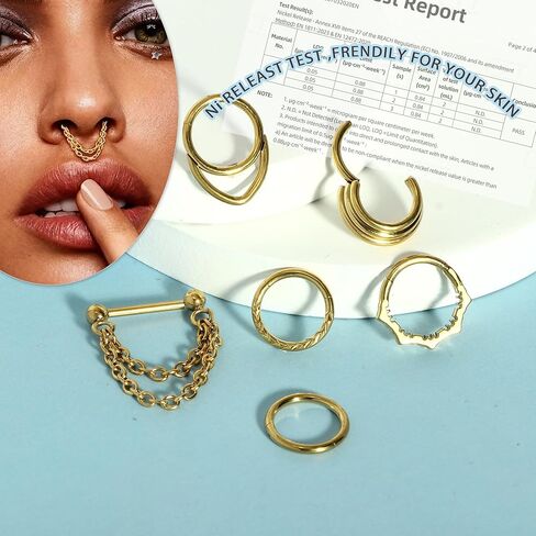 TIANCI FBYJS 16G Septum Rings - 316L Surgical Steel Hinged Nose Rings Hoops Seamless Septum Jewelry CZ Nose Piercings Chain Helix Tragus Rook Daith Piercing Men silver Gold Plated 8mm in Saudi Arabia