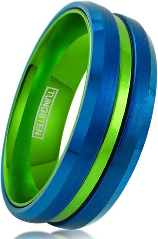 King's Cross Personalized Engraved 6mm/8mm Royal Blue Brushed Finish Tungsten Carbide Band Ring with Lime Green Recessed Stripe & Matching Green Anodized Aluminum Comfort Fit Inner Band. in Saudi Arabia