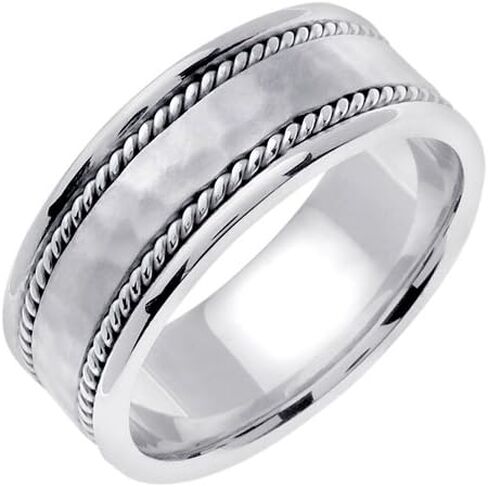 7mm Solid 14K White Gold Hammered Texture Rope Edge Wedding Ring Band for Men (Sizes 9-14) in Saudi Arabia