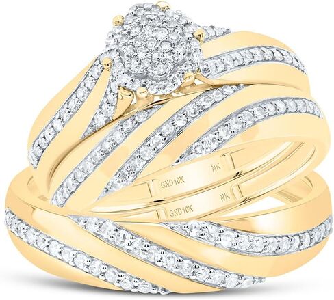 His & Hers 10K White Gold, Yellow Gold 1/2 CTW Cluster Diamond Trio Set Matching Engagement Ring Wedding Bands in Saudi Arabia