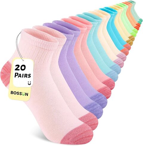 20 Pairs Girls Ankle Socks, 6-8/8-10/10-12 Years Old, Color&White Socks for Kids, Comfortable Little Girls Sock in Saudi Arabia