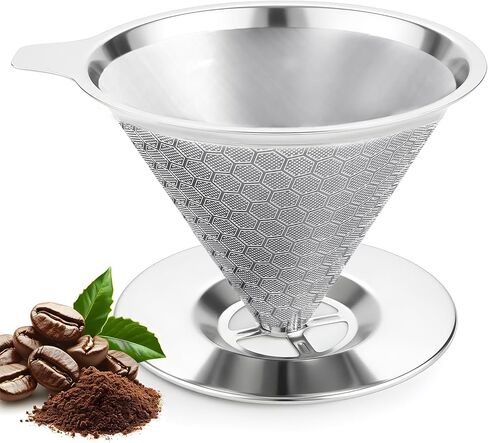 Pour Over Coffee Dripper, Fine Mesh Double Layer Metal Cone Filter Stainless Steel Coffee Filter, Slow Drip Reusable Coffee Filter Single Cup Coffee Maker 1-4 Cup in Saudi Arabia