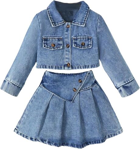 MakeMeChic Toddler Baby Girl 2 Piece Outfits Long Sleeve Collared Denim Jacket and Pleated A Line Jean Skirt Sets in Saudi Arabia