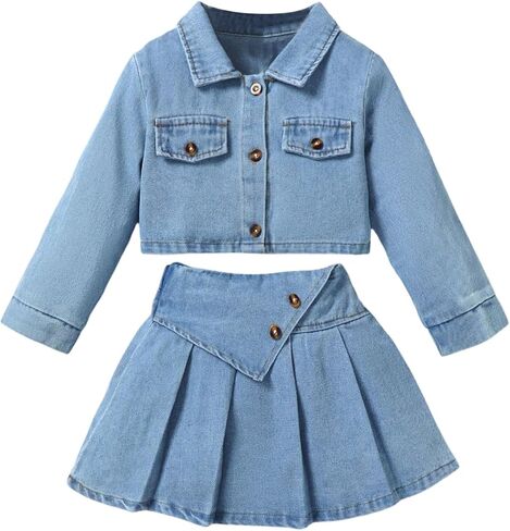 MakeMeChic Toddler Baby Girl 2 Piece Outfits Long Sleeve Collared Denim Jacket and Pleated A Line Jean Skirt Sets in Saudi Arabia