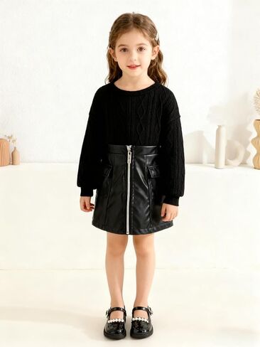 Kid Knit Top and Skirt Set with Front Zipper and Pocket Details Fashionable Elegant Black Outfit in Saudi Arabia