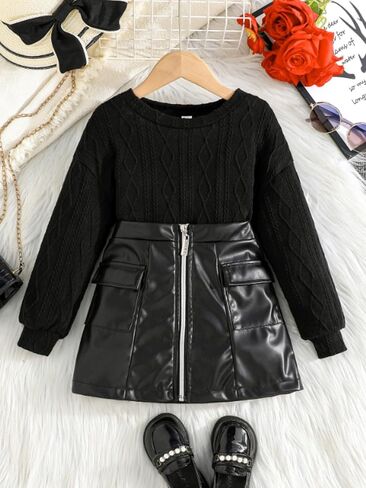Kid Knit Top and Skirt Set with Front Zipper and Pocket Details Fashionable Elegant Black Outfit in Saudi Arabia