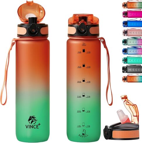 32oz Titan Water Bottle with Time-Marked, 2 Lids (Fast Flow & Straw) - BPA/BPS-Free, Leak-Proof, Airtight, Reusable Water Bottle with Anti-Slip Coating - Perfect for Sports, Hiking (Black) in Saudi Arabia