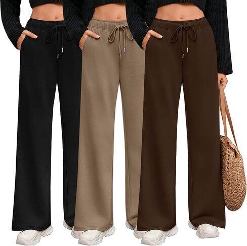 Riyiper 3 Pack Women Wide Leg Sweatpants Drawstring Straight Pants Elastic Waist Joggers Open Bottom Sweatpants with Pockets in Kuwait