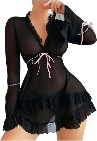 مجموعة ملابس داخلية مثيرة للنساء برباط عنق عميق على شكل حرف V وربطة أمامية شبكية مكشكشة وأكمام طويلة مع فستان واسع للسيدات in Kuwait