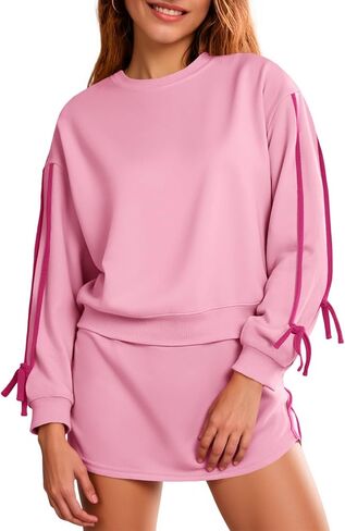 Fisoew المرأة 2 قطعة وتتسابق عادية Crewneck التعادل البلوز عالية الخصر الجري Skort التنانير تجريب رياضية مجموعات in Saudi Arabia