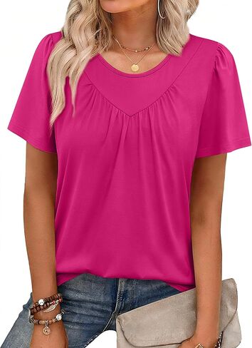 WIHOLL Womens Summer Tops Trendy Short Sleeve T Shirts Pleated Crewneck Tees Blouses Dressy Casual Outfits Fashion Clothing in Saudi Arabia
