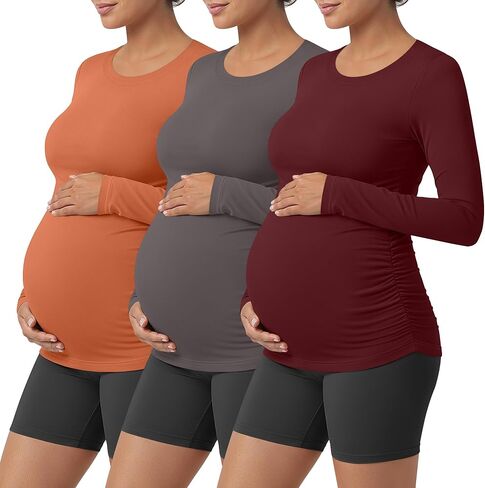 3 قطع من قمصان اليوغا الرياضية للأمومة للنساء، بأكمام طويلة، قمصان جانبية مكشكشة، كاجوال، برقبة دائرية، تي شيرت أساسي in Saudi Arabia