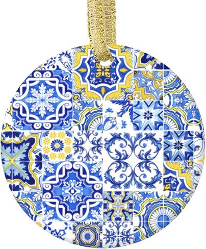 Blue and Yellow Tile, Portugal Tile Christmas Ornament Ceramic Circle 3 inch in Saudi Arabia